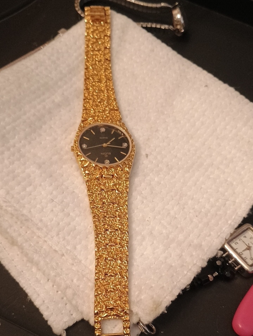 Vintage Elgin Gold Nugget Watch Black Diamond Accent Dial FND05-017